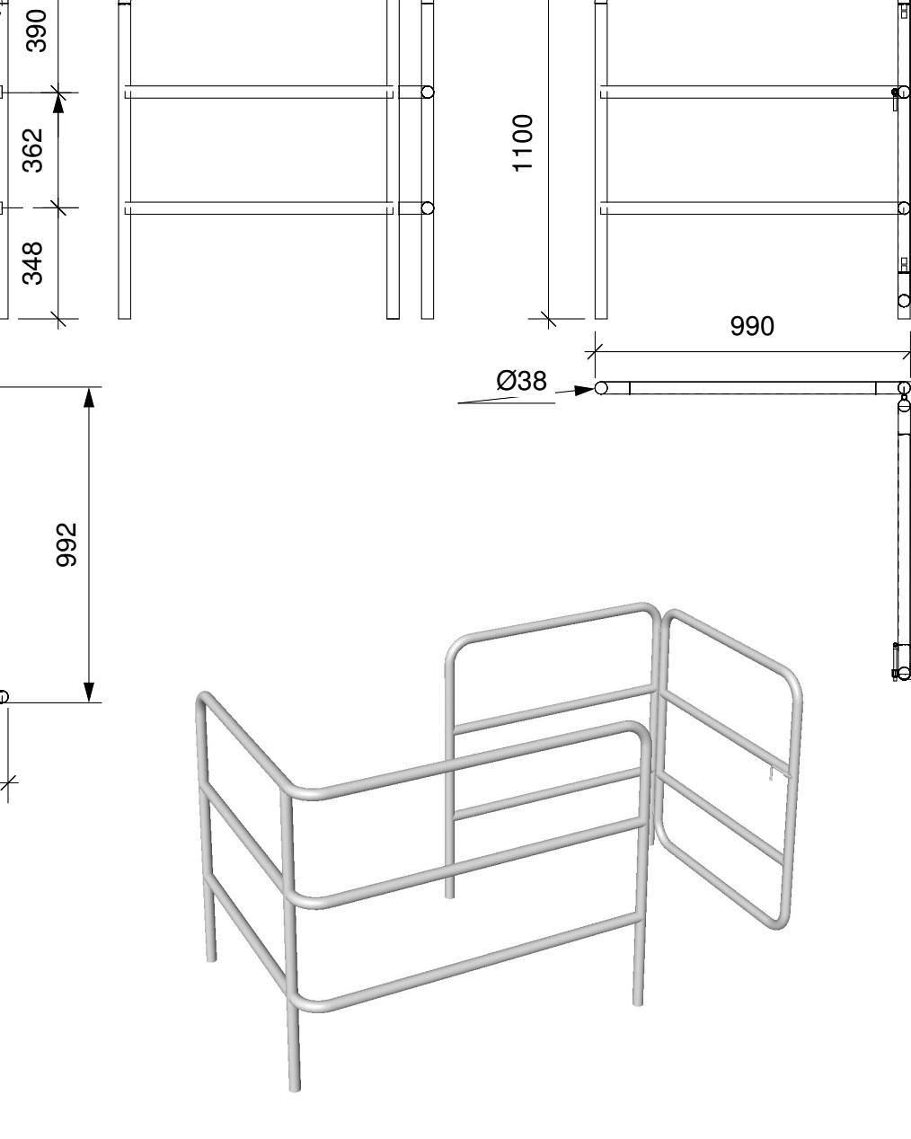 Projeto de entrada comercial com guarda-corpo e portão metálico