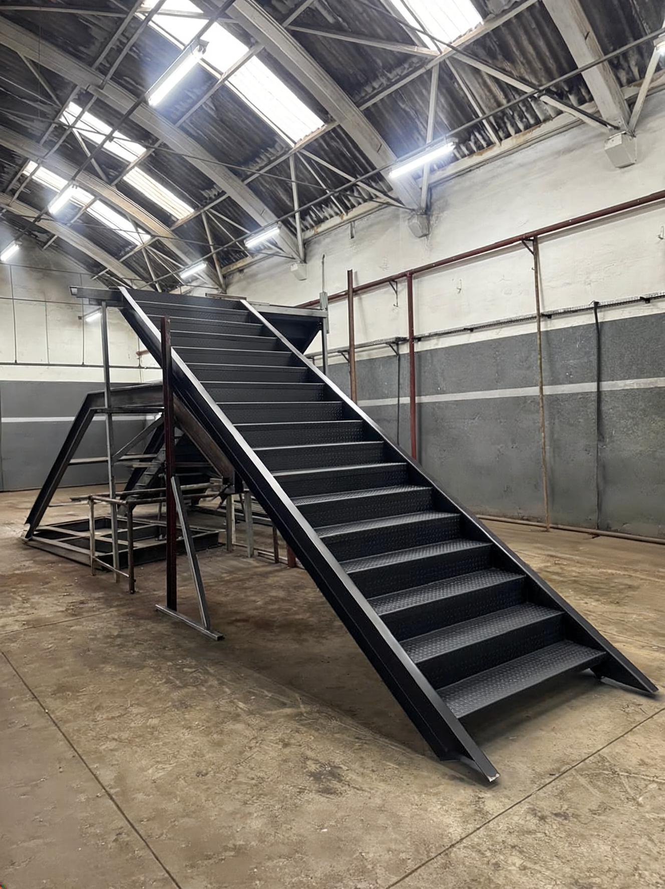 Escada metálica industrial preta em fabricação